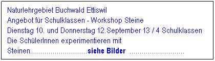 Textfeld: Naturlehrgebiet Buchwald Ettiswil&nbsp;&nbsp;&nbsp;&nbsp;&nbsp;&nbsp;&nbsp;&nbsp;&nbsp;&nbsp;&nbsp;&nbsp;&nbsp;&nbsp;&nbsp;&nbsp;&nbsp;&nbsp;&nbsp;&nbsp;&nbsp;&nbsp;&nbsp;&nbsp;&nbsp;&nbsp;&nbsp;&nbsp;&nbsp;&nbsp;&nbsp;&nbsp;&nbsp;&nbsp;&nbsp;&nbsp;&nbsp;&nbsp; Angebot f�r Schulklassen - Workshop Steine 
Dienstag 10. und Donnerstag 12.September 13 / 4 Schulklassen 
Die Sch�lerInnen experimentieren mit Steinen............................siehe Bilder &nbsp;...........................
